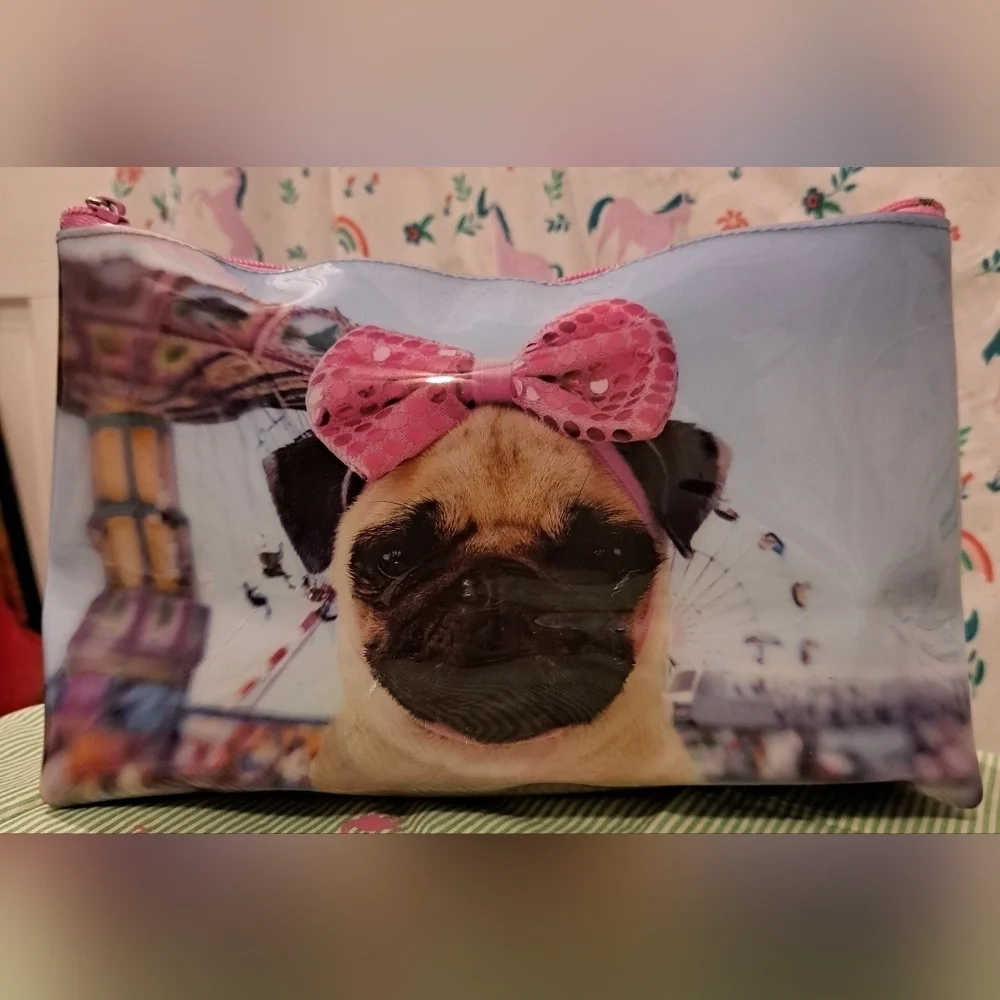 NWOT Catseye London Pug Dog Large Makeup Cosmetic Beauty Travel Purse Clutch Bag